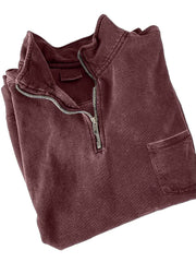 Men's Quarter-zip Distressed Washed Cotton Pocket Zippered Long-sleeved Sweatshirt