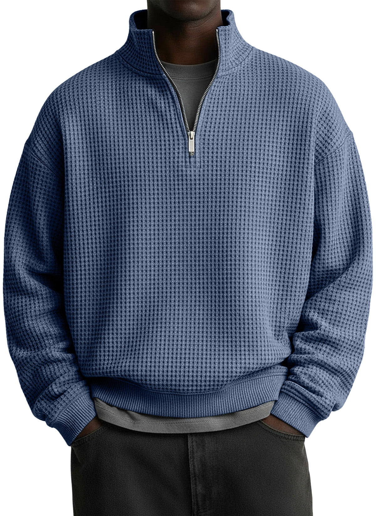 Men's Casual Solid Waffle Fabric Stand Collar Zip Sweatshirt