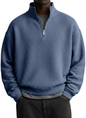 Men's Casual Solid Waffle Fabric Stand Collar Zip Sweatshirt