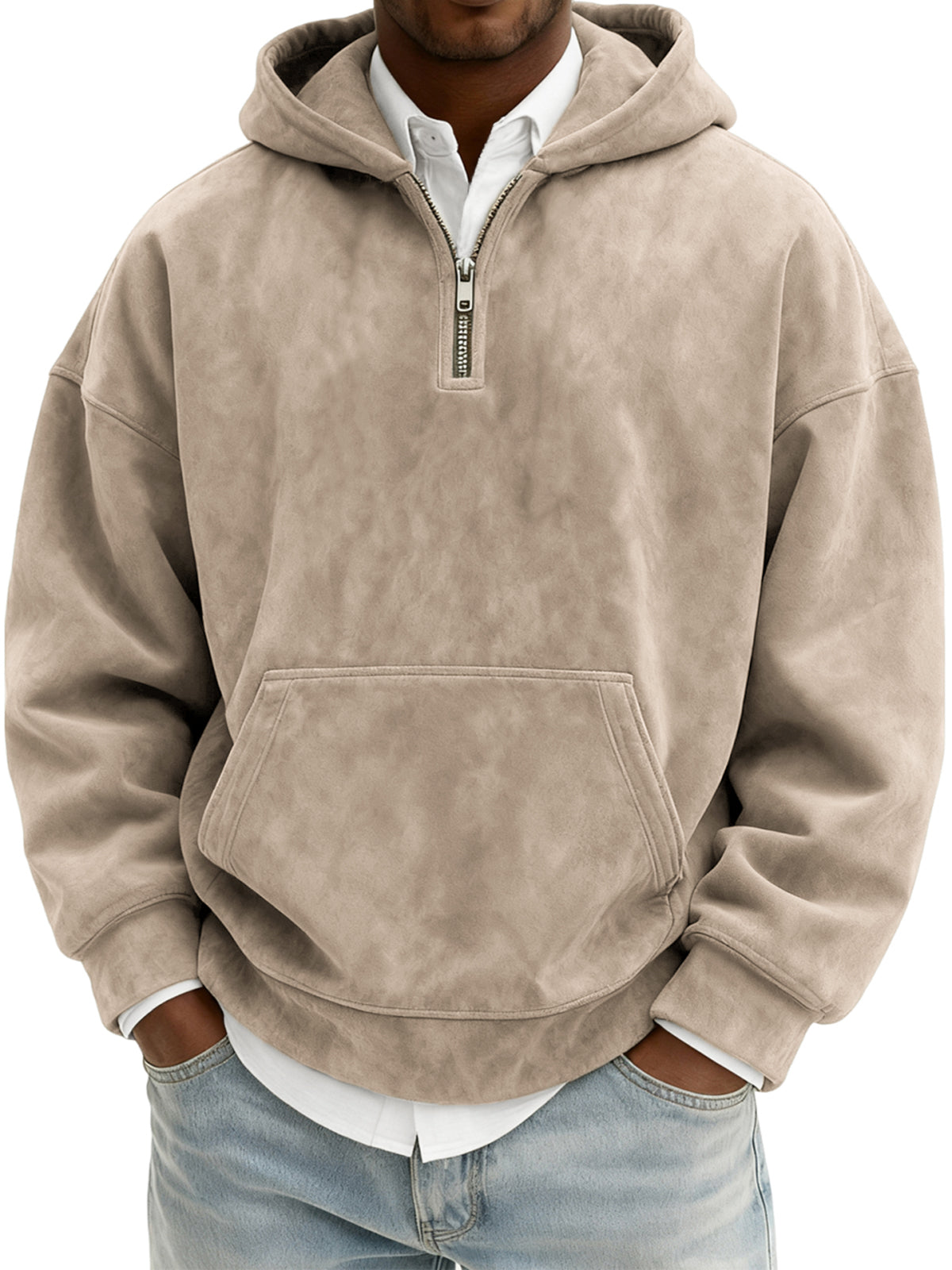 Men's Vintage Suede Quarter-Zip Hooded Sweatshirt with Kangaroo Pocket