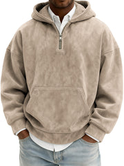 Men's Vintage Suede Quarter-Zip Hooded Sweatshirt with Kangaroo Pocket