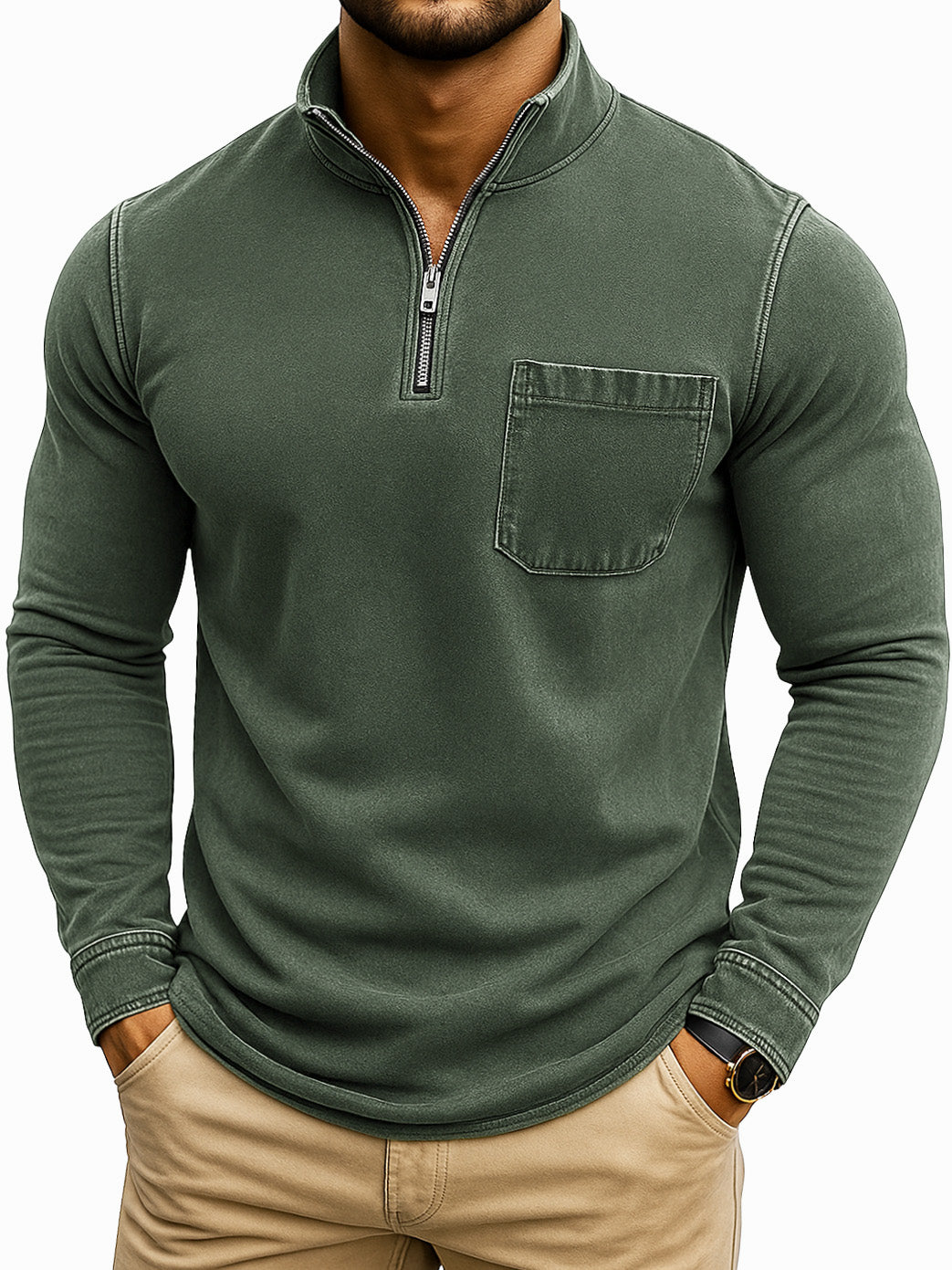 Men's Retro Casual Washed Distressed Quarter Zip Pocket Long Sleeve T-Shirt