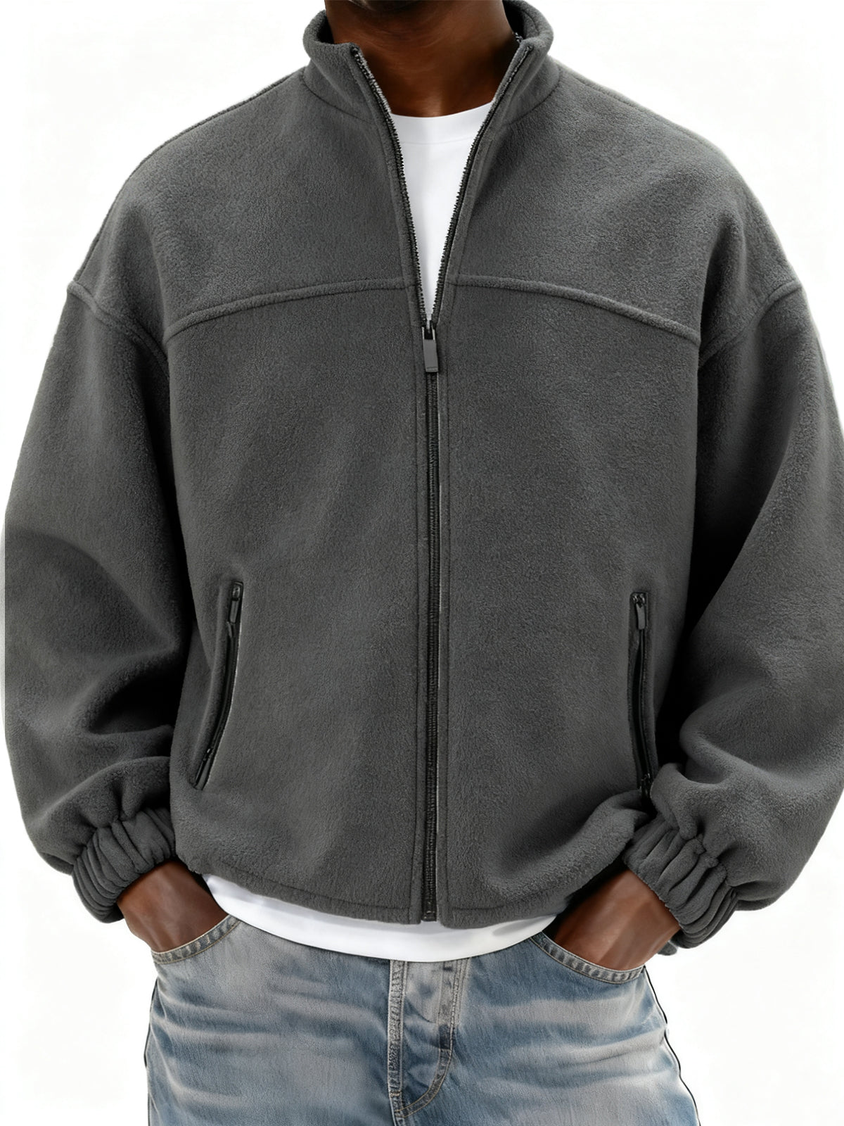 Men's Fleece Full Zip Stand Collar Jacket with Side Pockets