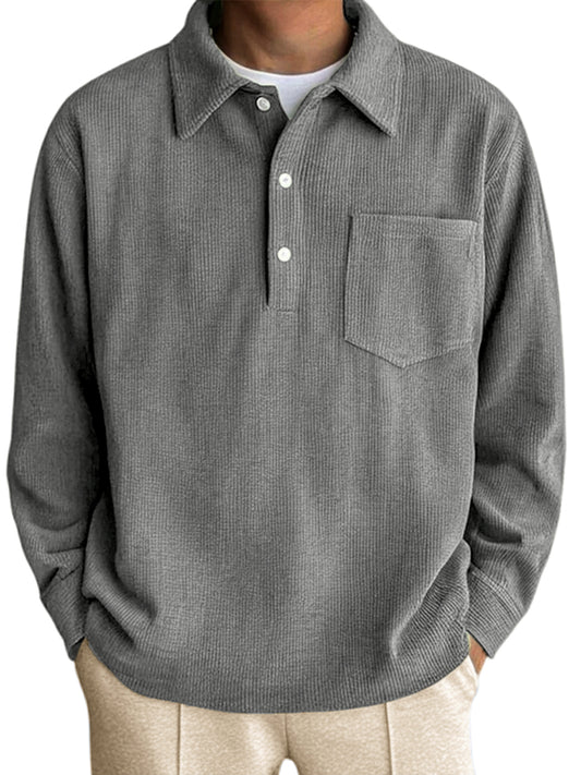 Men's Long Sleeve Pocket Polo Shirt with Vertical Stripes