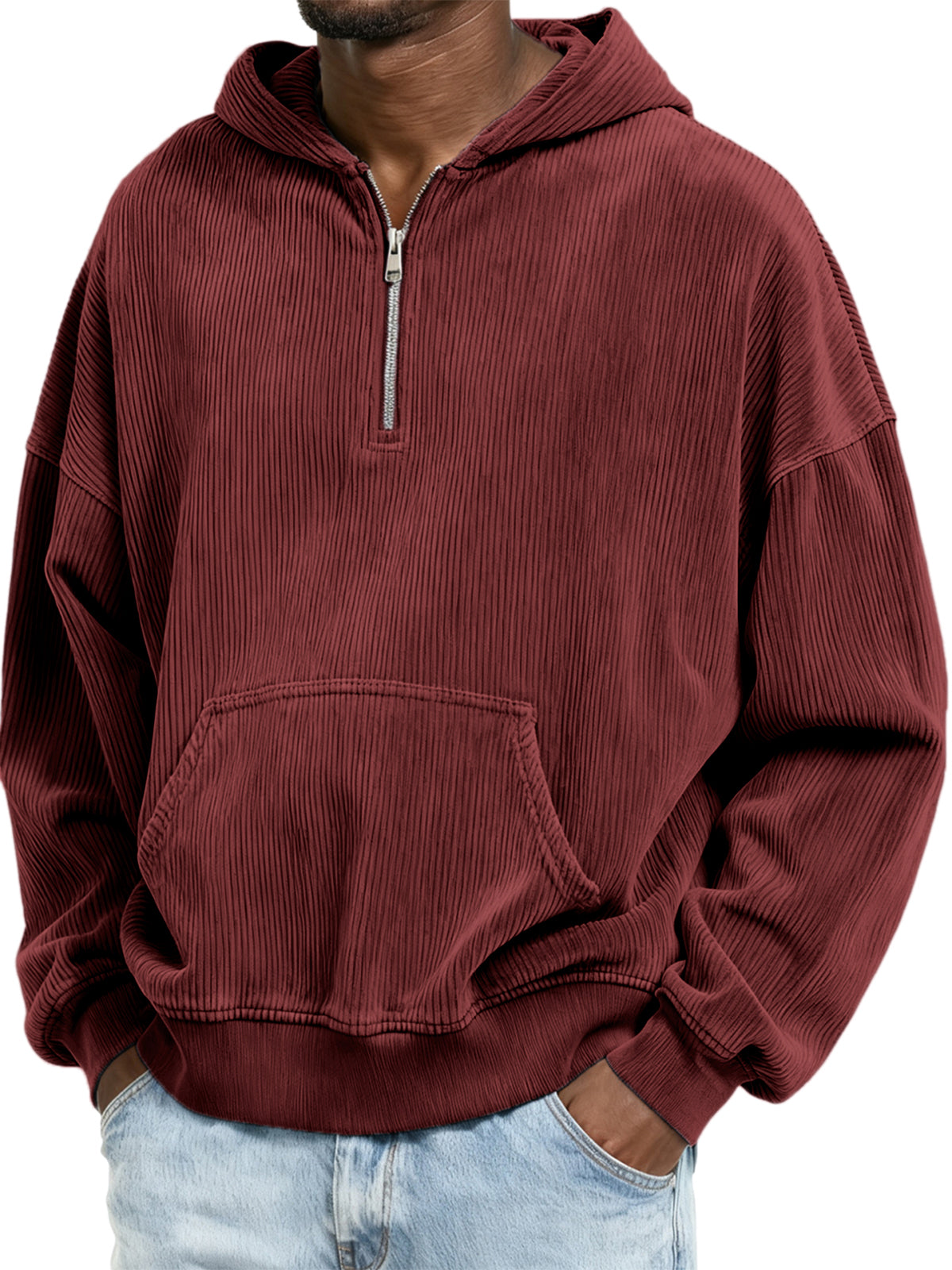Corduroy Ribbed Stylish Quarter Zip Pullover Sweatshirt with Kangaroo Pocket