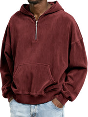 Corduroy Ribbed Stylish Quarter Zip Pullover Sweatshirt with Kangaroo Pocket