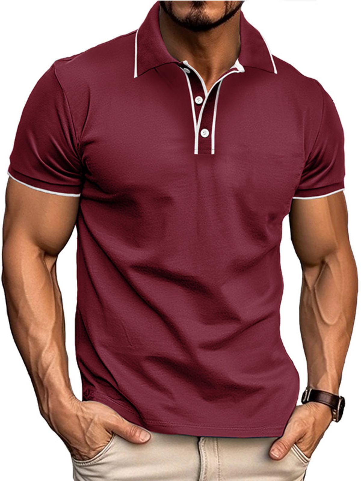 Men's Colorblock Cotton Button-down Short-sleeved Polo Shirt