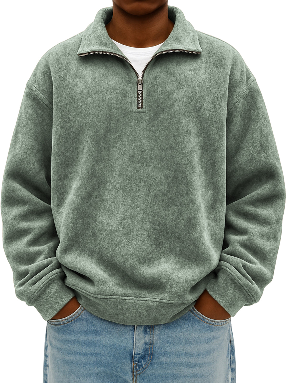 Men's Quarter Zip Stylish Suede Distressed Pullover