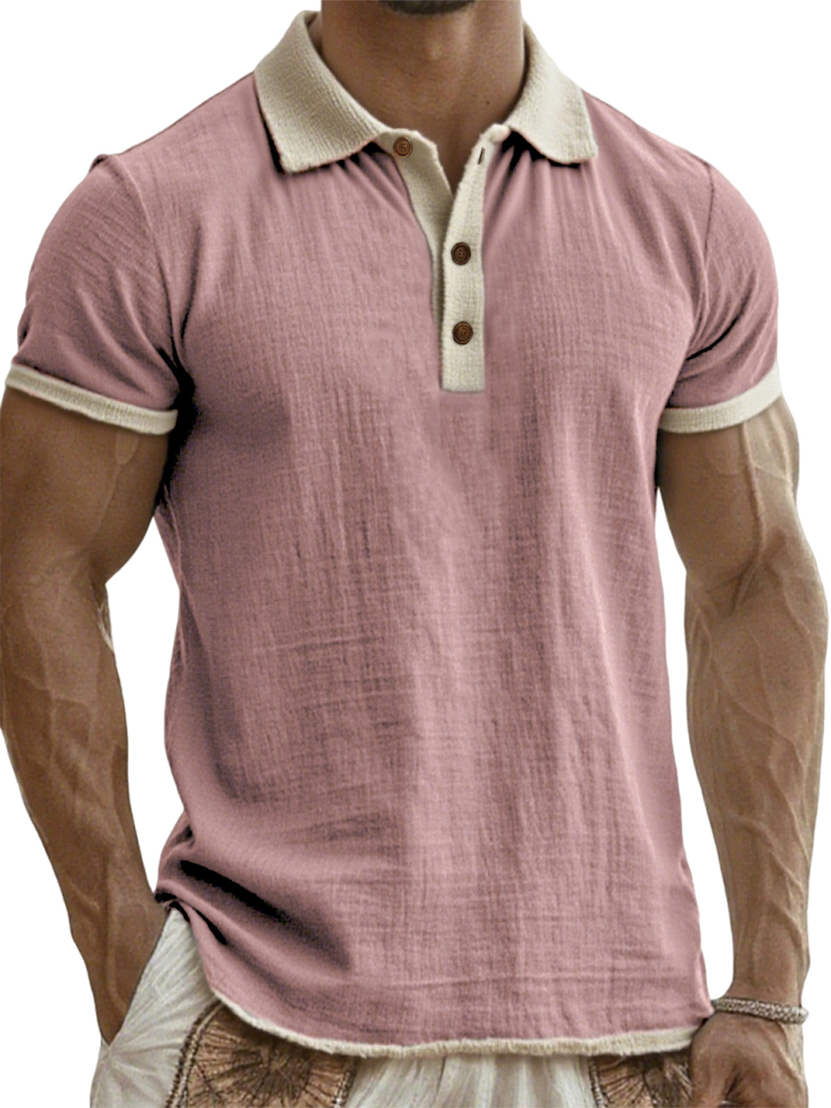Men's Breathable Linen Crinkled Casual Colorblock Vacation Daily Short-sleeved Polo Shirt