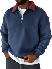 Men's Lapel Contrast Color Casual Loose Quarter Zip Sweatshirt