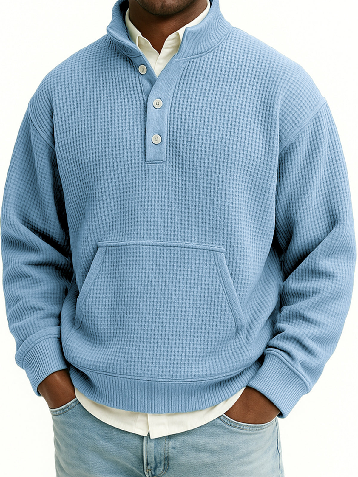 Men's Waffle Quarter Zip Stand Collar Sweatshirt with Kangaroo Pockets
