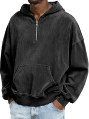 Corduroy Ribbed Stylish Quarter Zip Pullover Sweatshirt with Kangaroo Pocket
