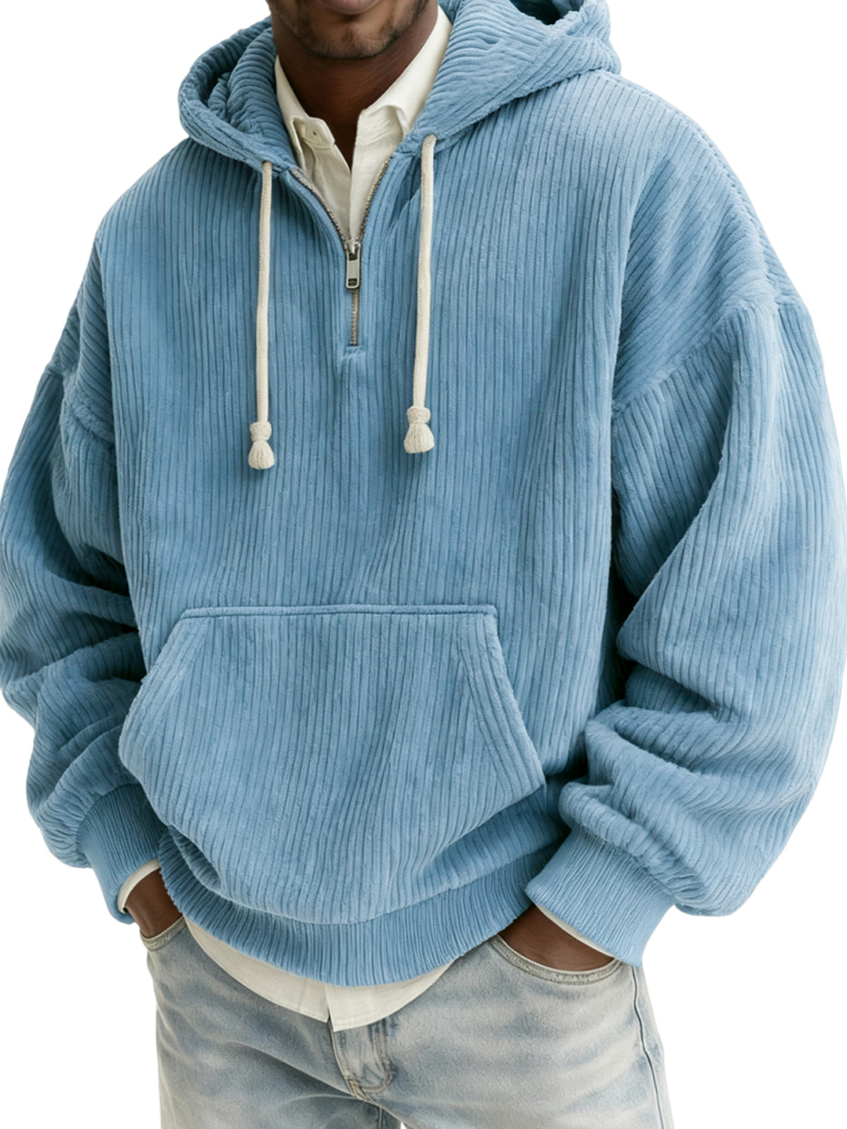 Men's Stylish Quarter-zip Corduroy Hooded Sweatshirt with Kangaroo Pockets