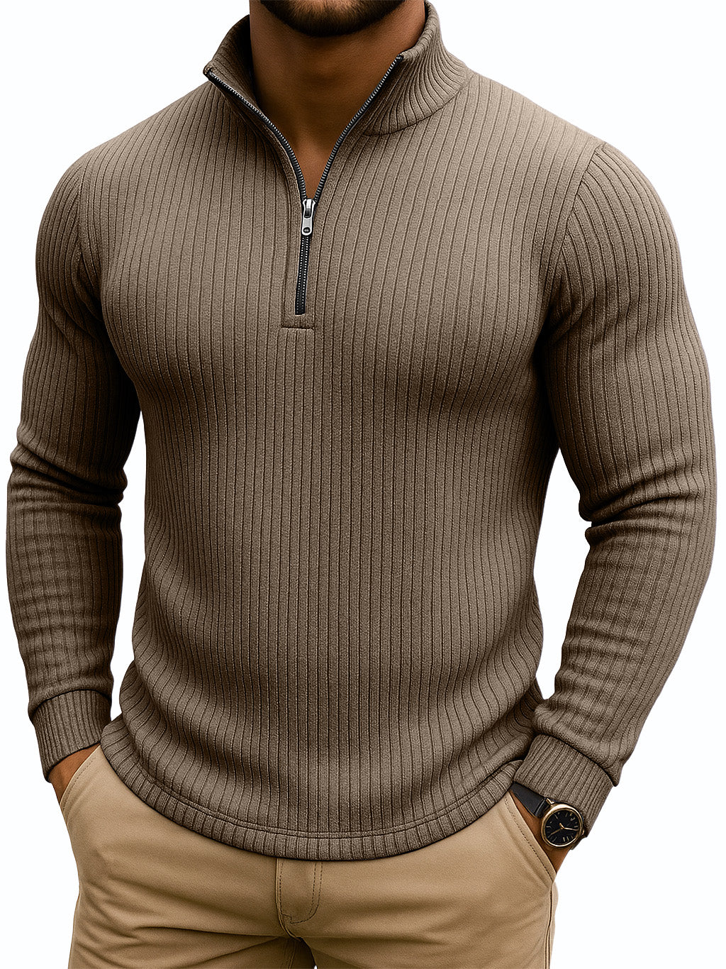 Men's Retro Casual Solid Color Striped Stand-up Collar Quarter-Zip Sweatshirt