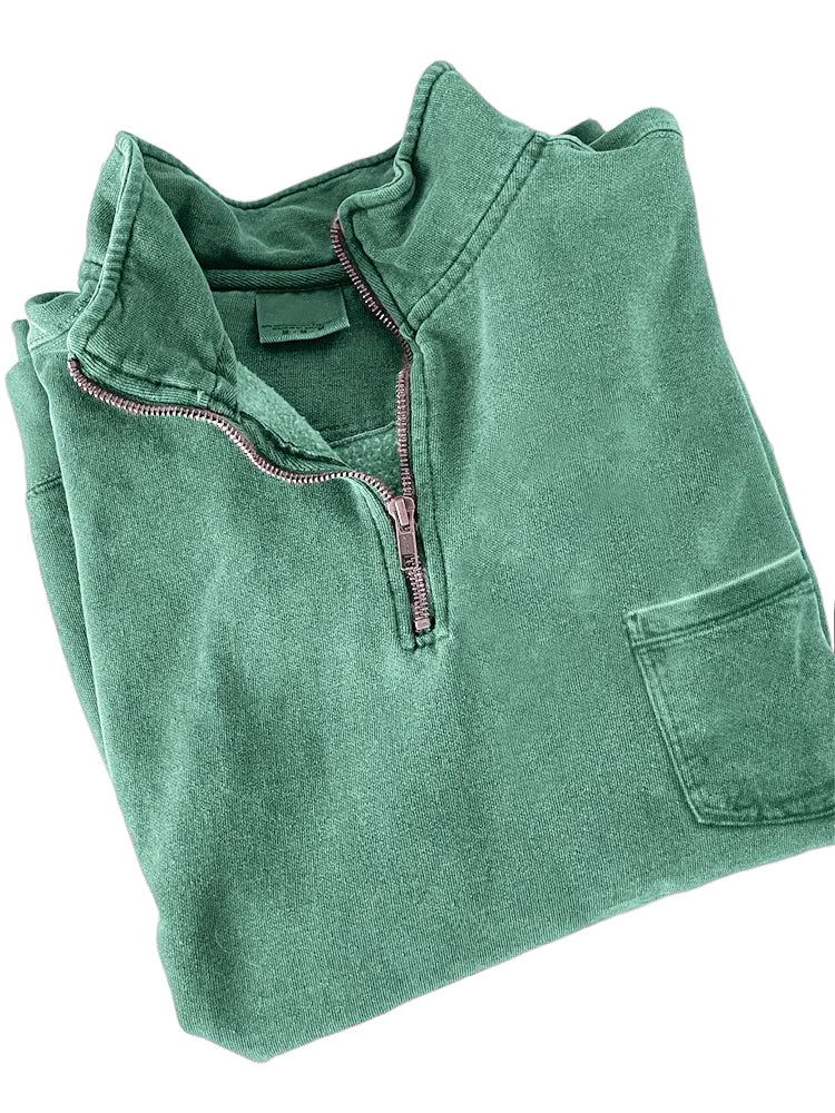 Men's Quarter-zip Distressed Washed Cotton Pocket Zippered Long-sleeved Sweatshirt