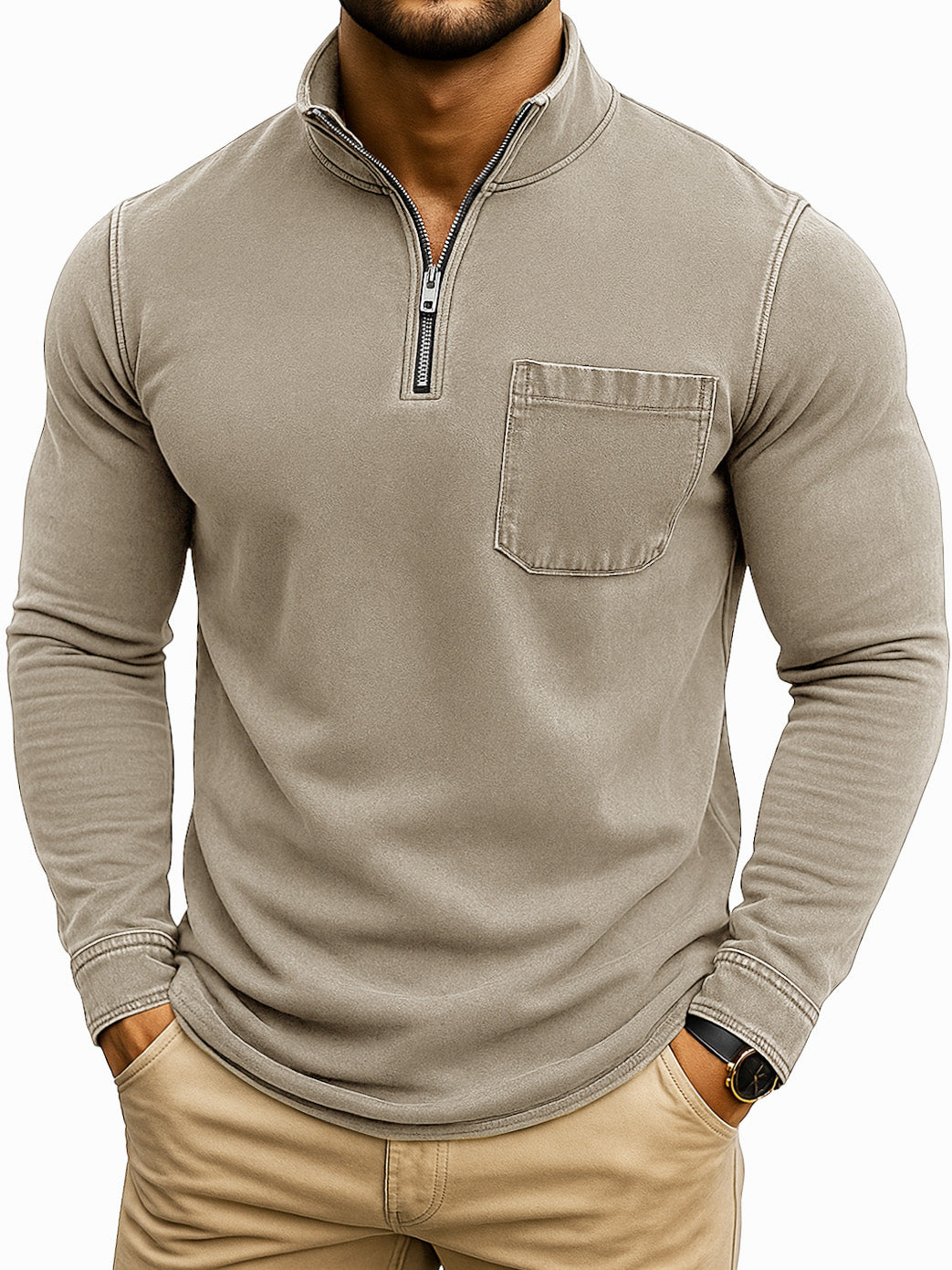 Men's Retro Casual Washed Distressed Quarter Zip Pocket Long Sleeve T-Shirt