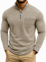 Men's Retro Casual Washed Distressed Quarter Zip Pocket Long Sleeve T-Shirt