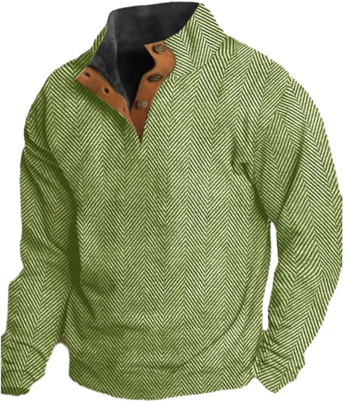 Men's Western Vintage Herringbone Print Design Stand Collar Button-Down Sweatshirt