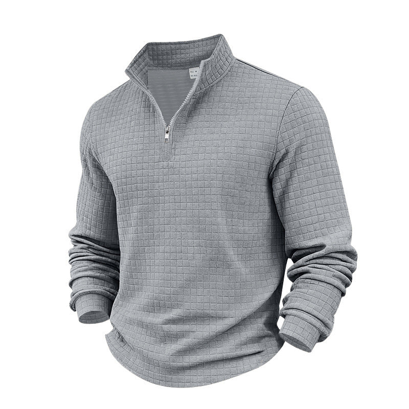 Men's Casual Solid Color Large Waffle Quarter Zip Stand Collar Sweatshirt