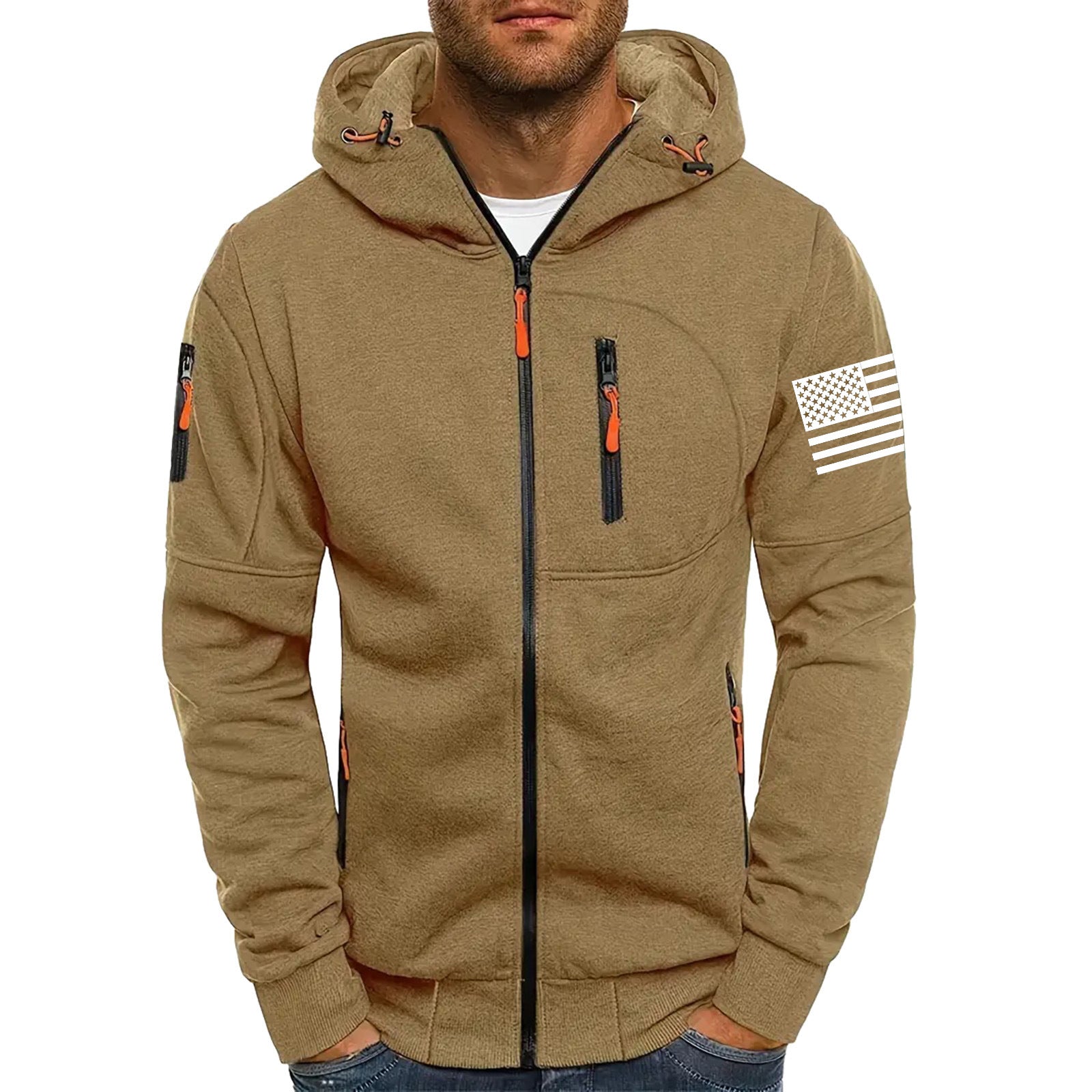 Men's American Flag Hoodie Jacket Zip Up Vacation Streetwear Fleece Hoodie