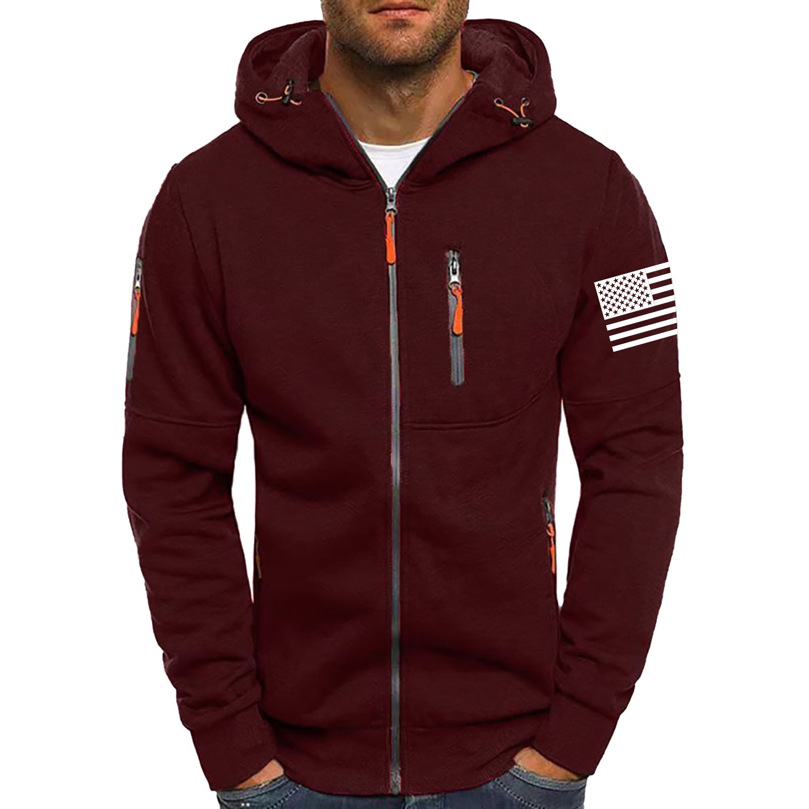 Men's American Flag Hoodie Jacket Zip Up Vacation Streetwear Fleece Hoodie