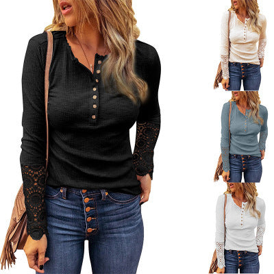 Women's Round Neck Stitching Lace Pullover Sleeve Loose-fitting Solid Color Long T-shirt