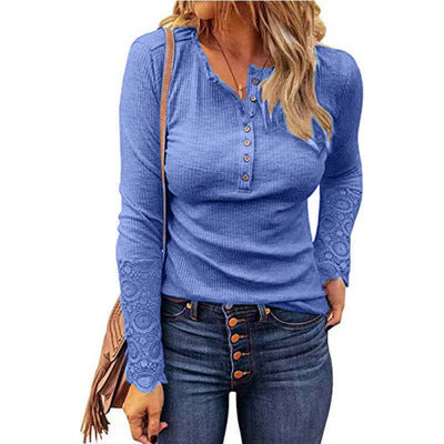 Women's Round Neck Stitching Lace Pullover Sleeve Loose-fitting Solid Color Long T-shirt
