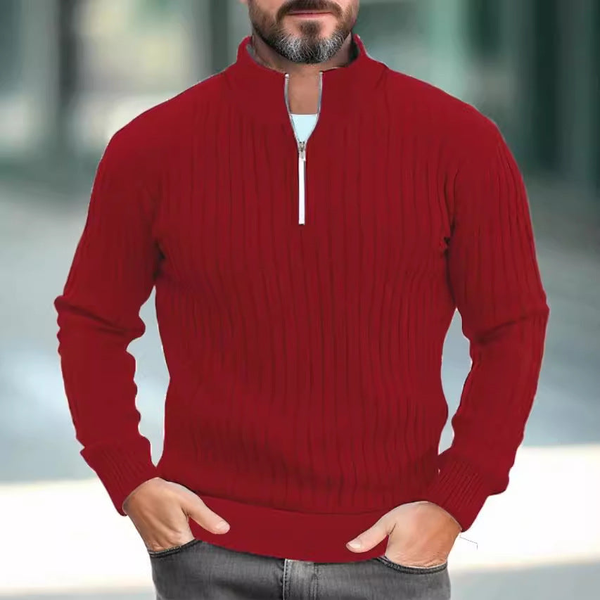 Men's Solid Color Stand Collar Knitted Pullover Sweater