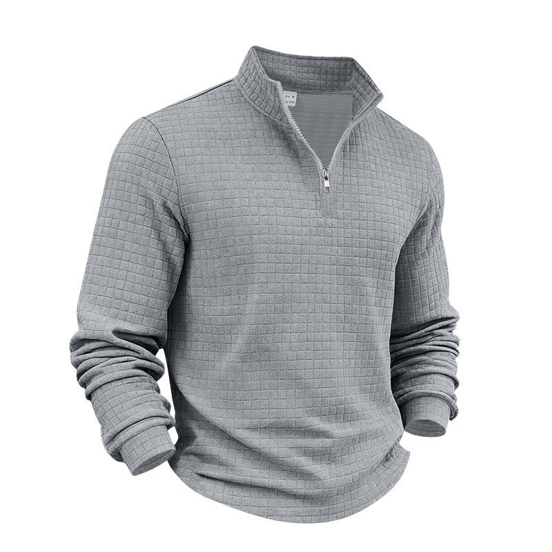 Men's Casual Solid Color Large Waffle Quarter Zip Stand Collar Sweatshirt