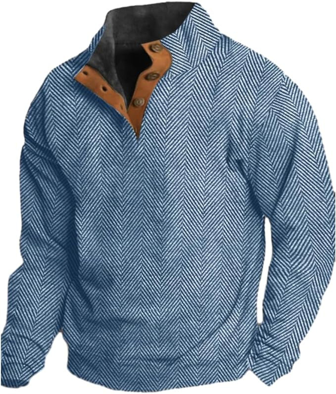 Men's Western Vintage Herringbone Print Design Stand Collar Button-Down Sweatshirt