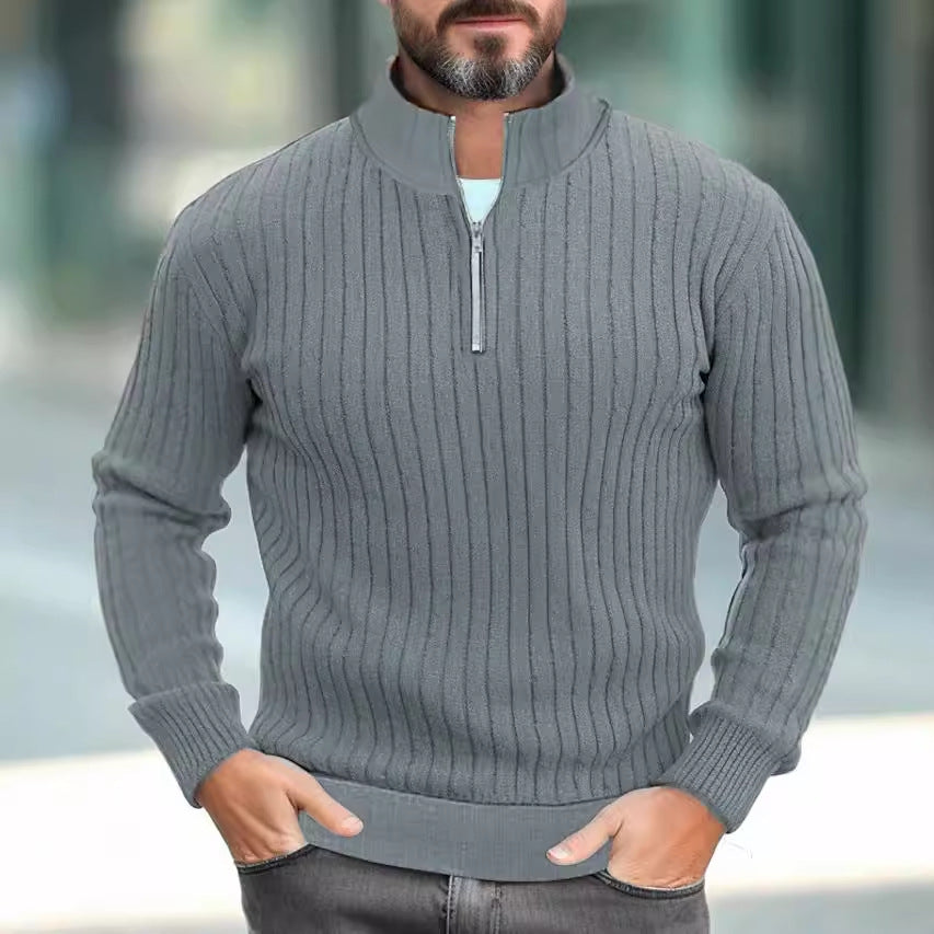 Men's Solid Color Stand Collar Knitted Pullover Sweater