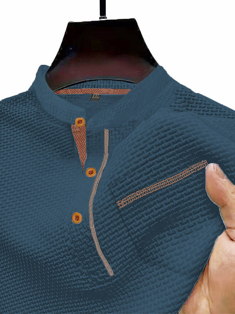 Men's Henley Collar Color Pocket Casual Short-sleeved Polo Top