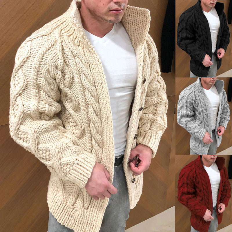 Men's Formal Cardigan Chunky Knit Solid Color Stand Collar Fashion Sweater
