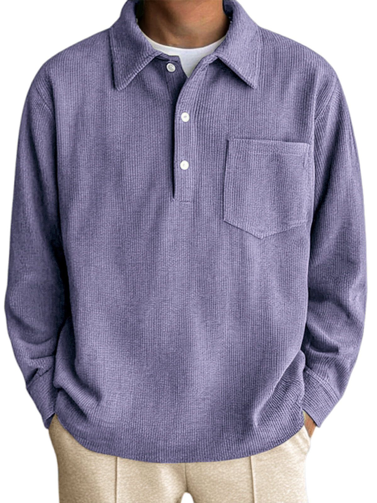 Men's Long Sleeve Pocket Polo Shirt with Vertical Stripes