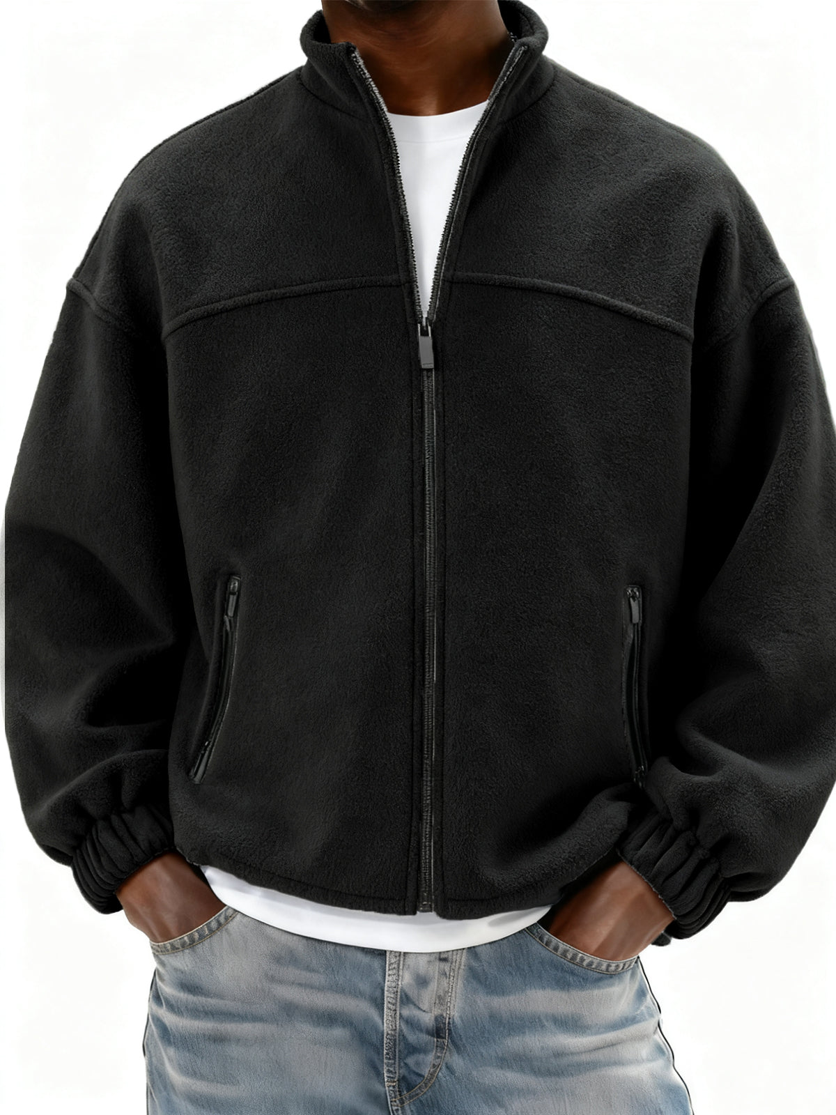 Men's Fleece Full Zip Stand Collar Jacket with Side Pockets