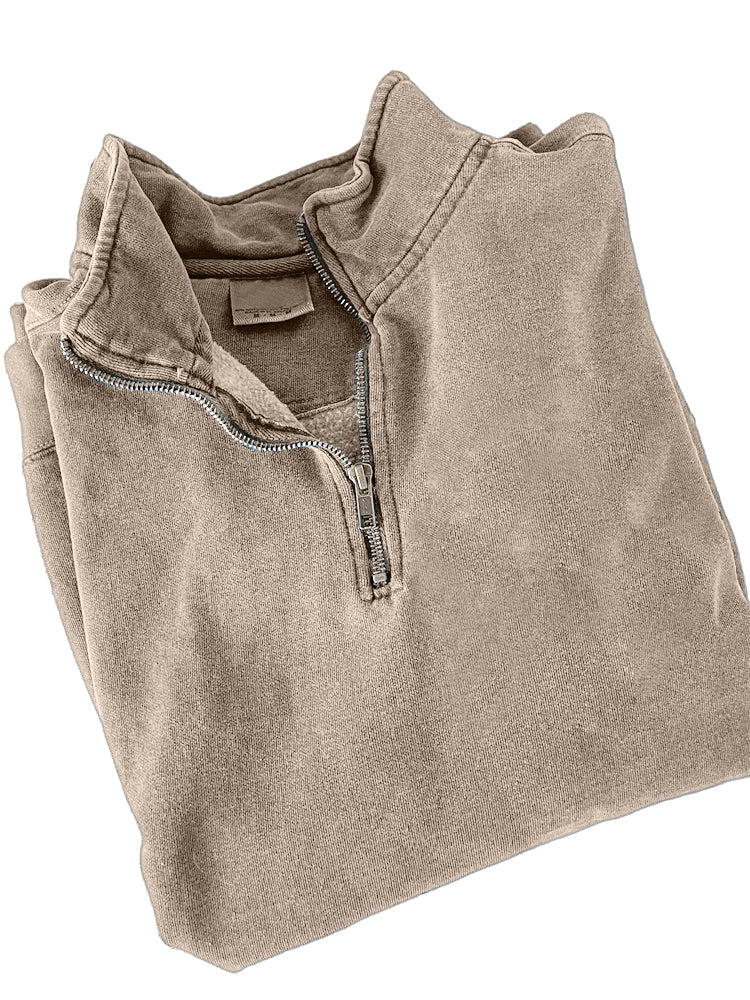 Men's Quarter Zip Distressed Washed Cotton Zipper Long Sleeve Sweatshirt