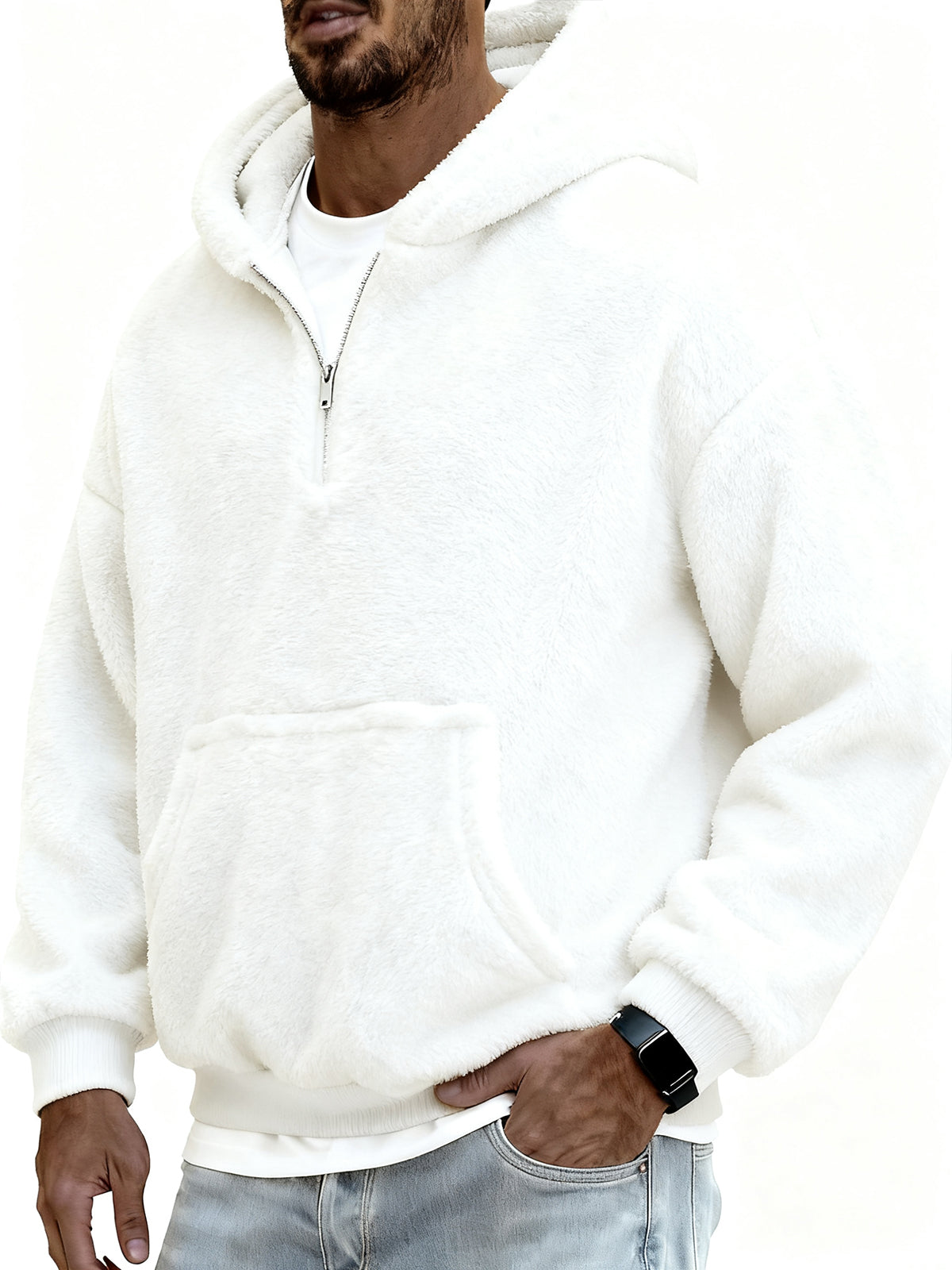 Men's Stylish Coral Fleece Hooded Sweatshirt with Kangaroo Pockets and A Quarter Zip