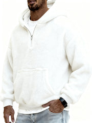 Men's Stylish Coral Fleece Hooded Sweatshirt with Kangaroo Pockets and A Quarter Zip