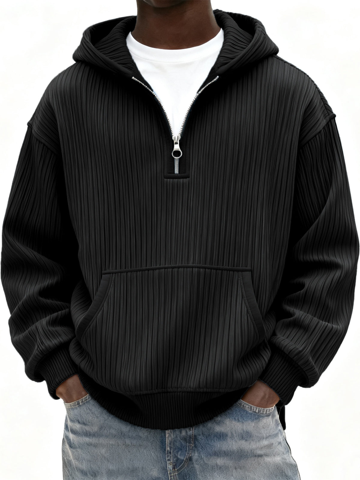 Men's Ribbed Quarter Zip Hoodie with Kangaroo Pocket