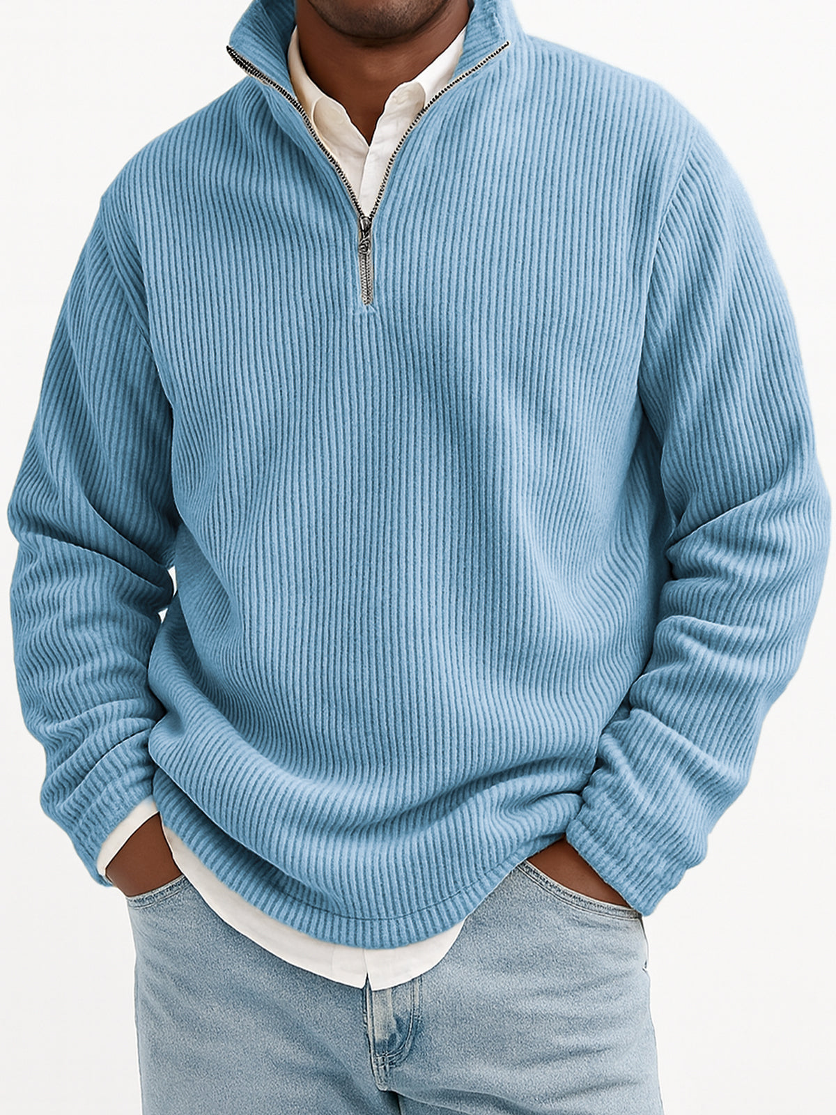 Men's Stylish Quarter-Zip Corduroy Ribbed Polo Sweatshirt
