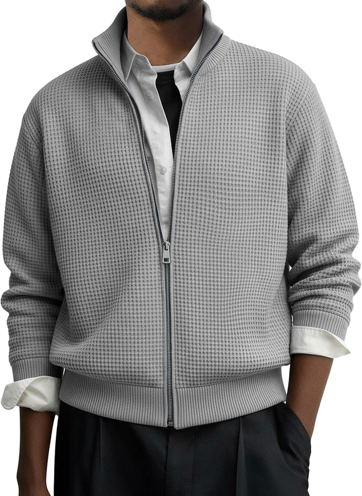 Men's Casual Solid Waffle Zip-up Long Sleeved Jacket