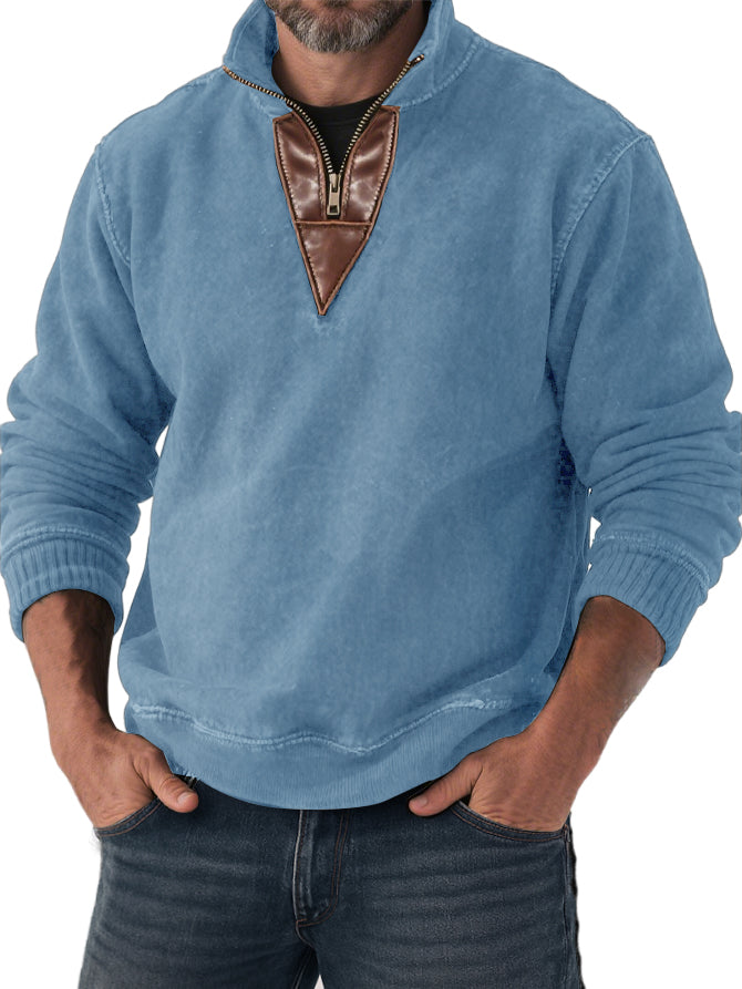 Men's Vintage Casual Patchwork Half-zip Stand-up Collar Casual Sweatshirt