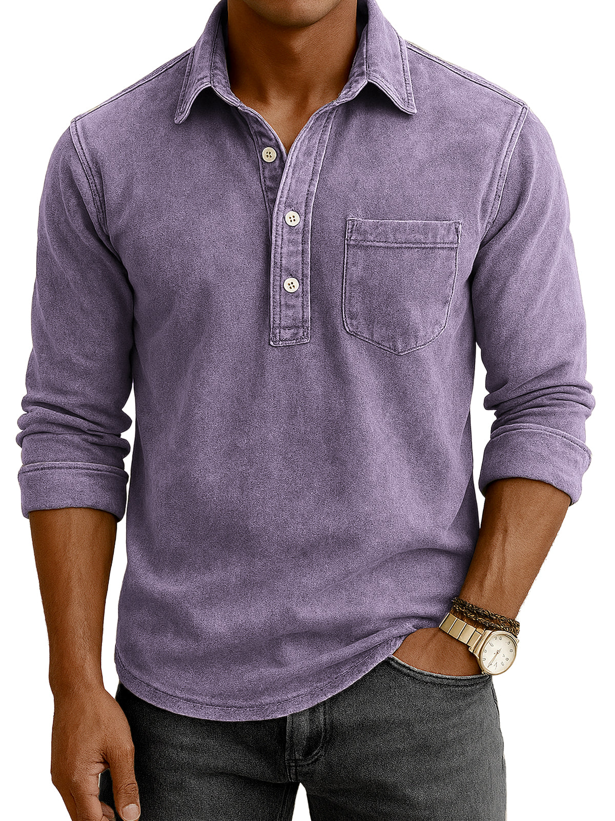Men's Vintage Distressed Casual Daily Long-sleeve Polo Shirt with Chest Pocket