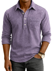 Men's Vintage Distressed Casual Daily Long-sleeve Polo Shirt with Chest Pocket