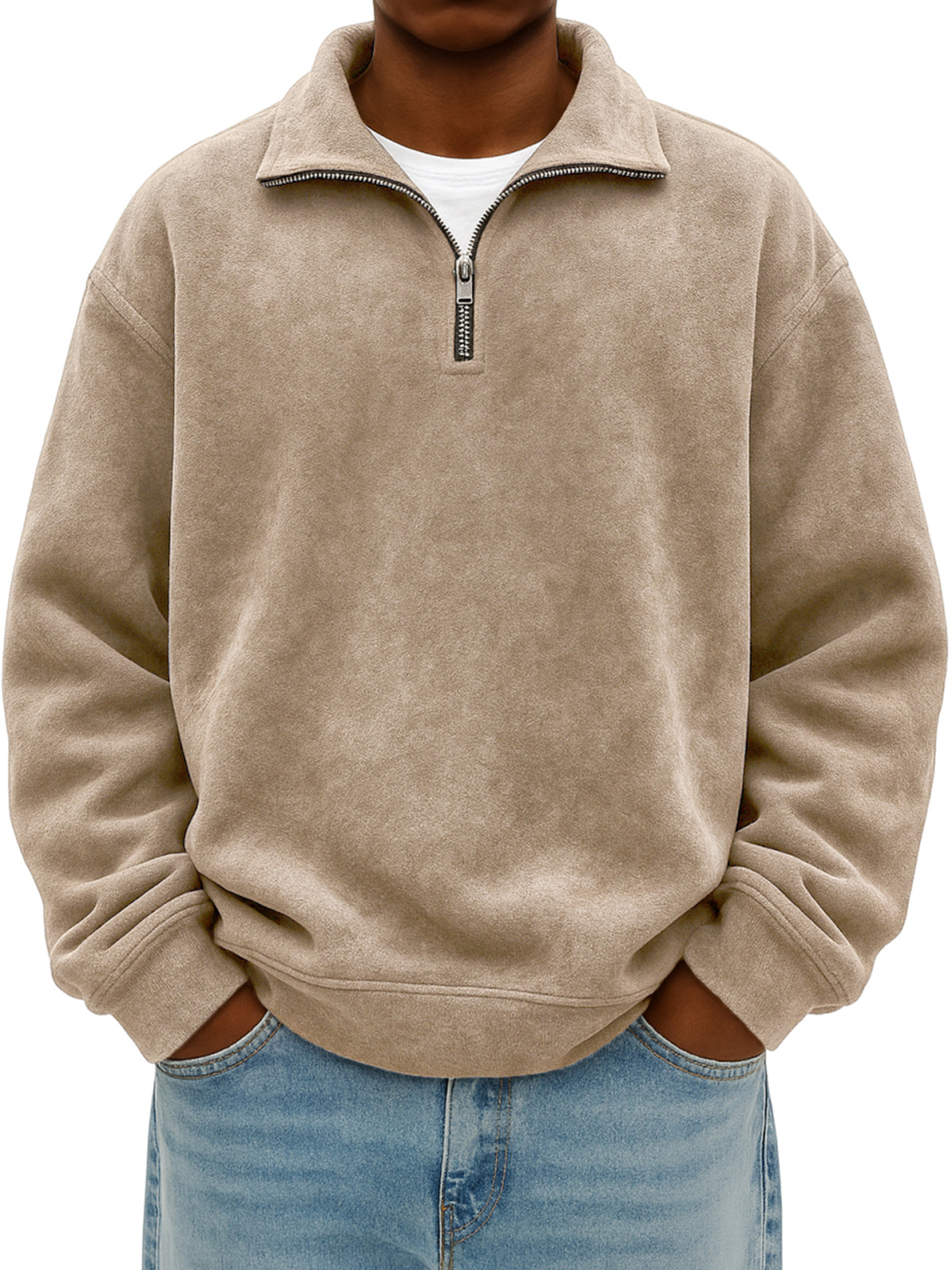 Men's Quarter Zip Stylish Suede Distressed Pullover