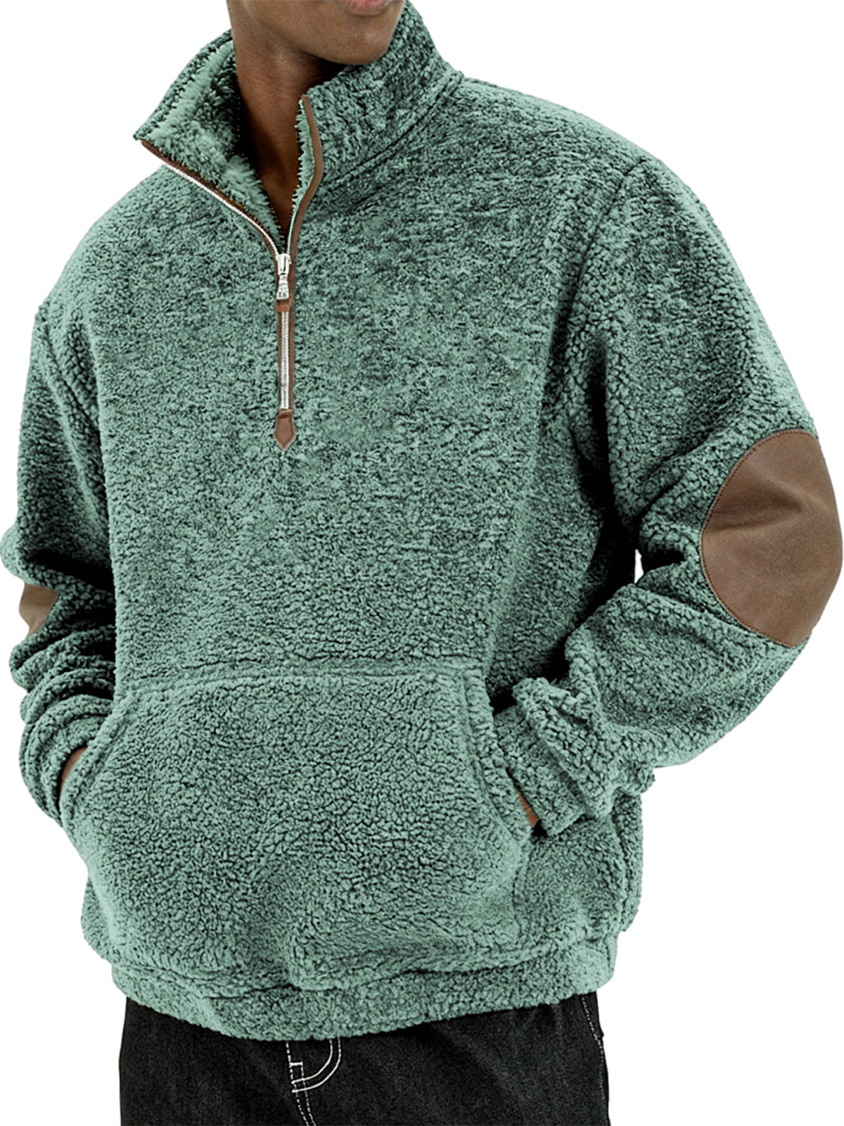 Men's Sherpa Cozy and Stylish Half - Zip Pullover with Elbow Patches