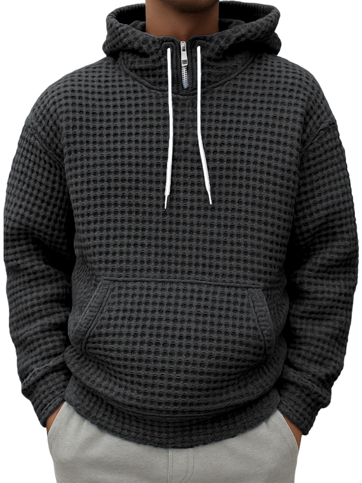 Men's Half-zip Plaid Textured Casual Hooded Sweatshirt