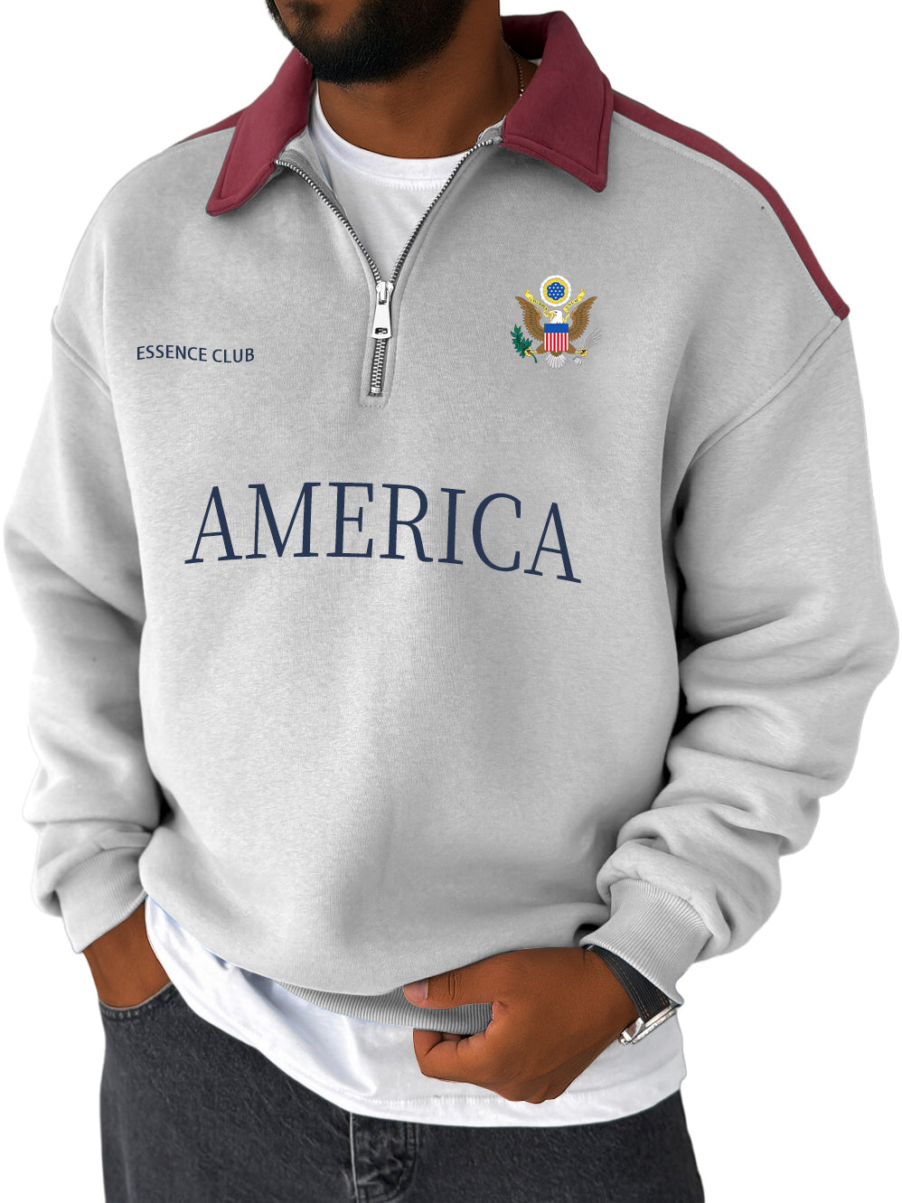 Men's Stylish Vintage American Print Contrast Zipper Sweatshirt