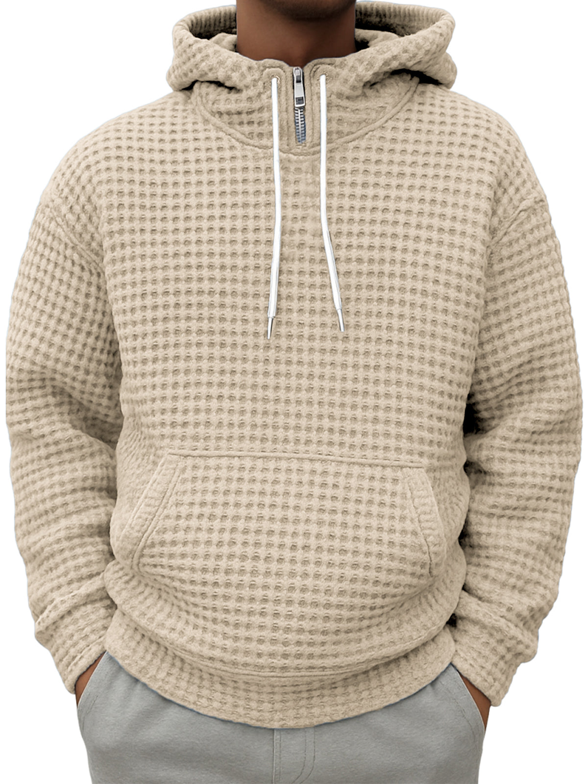Men's Half-zip Plaid Textured Casual Hooded Sweatshirt