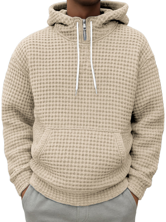 Men's Half-zip Plaid Textured Casual Hooded Sweatshirt